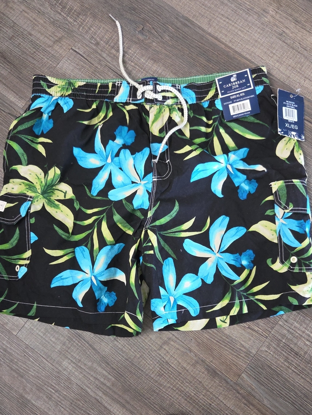 Caribbean Joe Black Swim Trunks with Blue and Green Floral Print